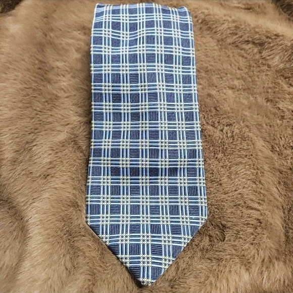Burberry Blue Plaid Silk Tie with Yellow Accents - Picture 2 of 4